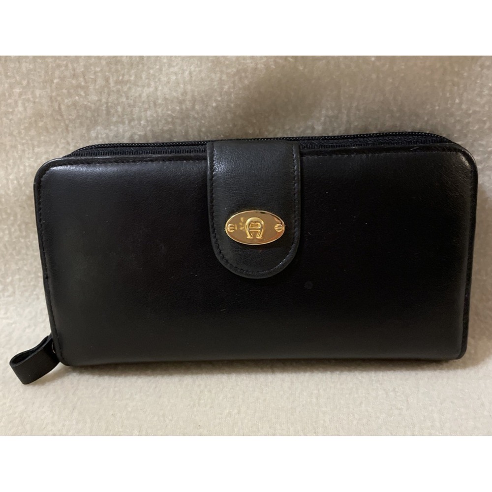Vintage NEW Etienne Aigner Black Zip Leather Long Wallet Snap Closure Check Book